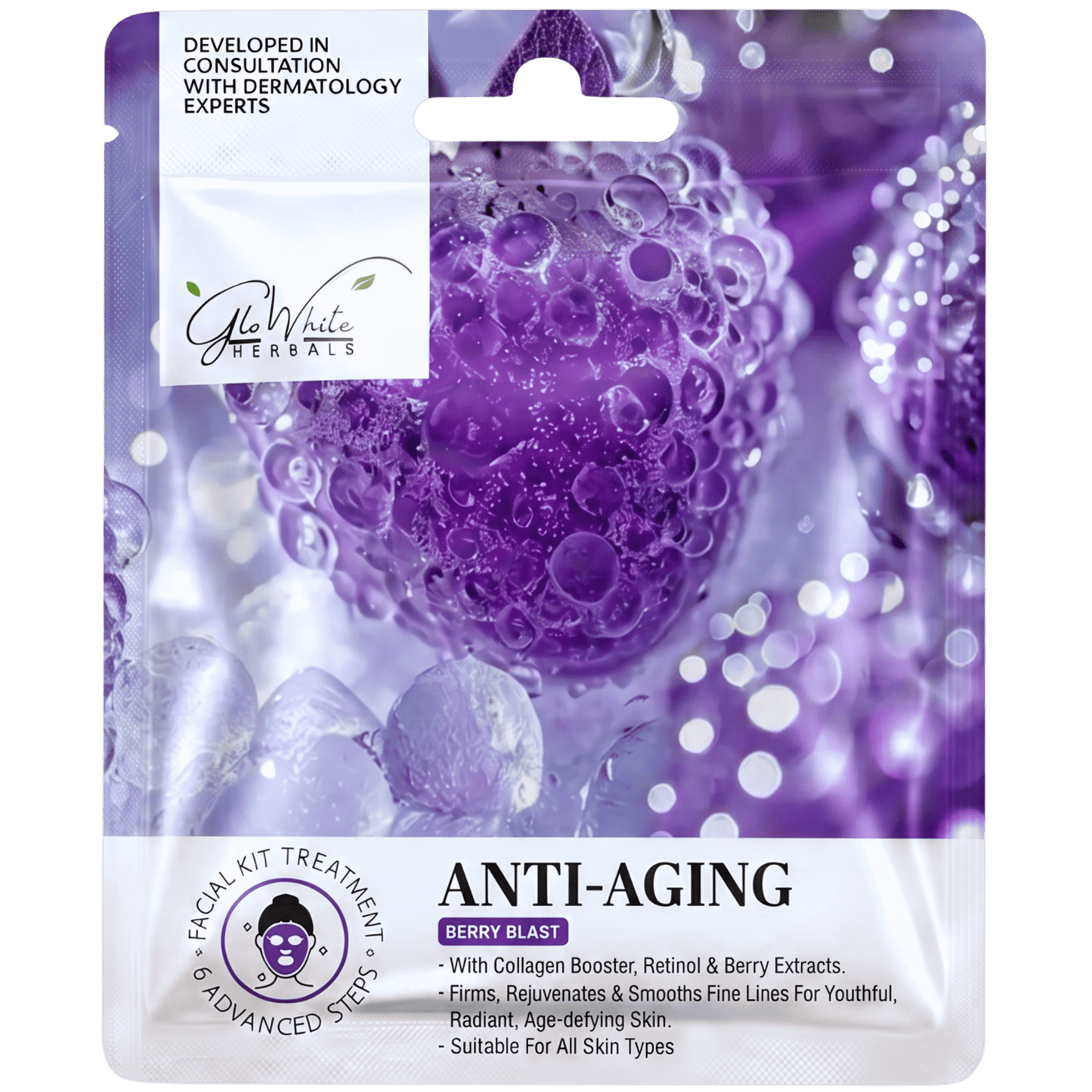 GloWhite Herbals Anti-Aging Facial Kit 6-Step | Hyaluronic Acid, Retinol, Vitamin C | For Skin Tightening and Collagen Production Boost | Single Use Facial