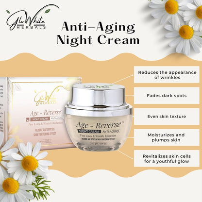 Age-Reverse Night Cream anti-aging jar with label and side box packaging