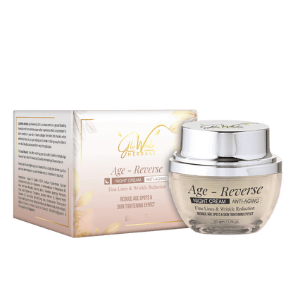 GloWhite Herbals Age-Reverse Night Cream jar and box, silver lid, anti-aging