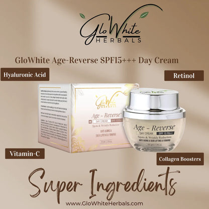 GloWhite Age-Reverse SPF 15 PA+++ day cream box and jar for spots & wrinkle reduction