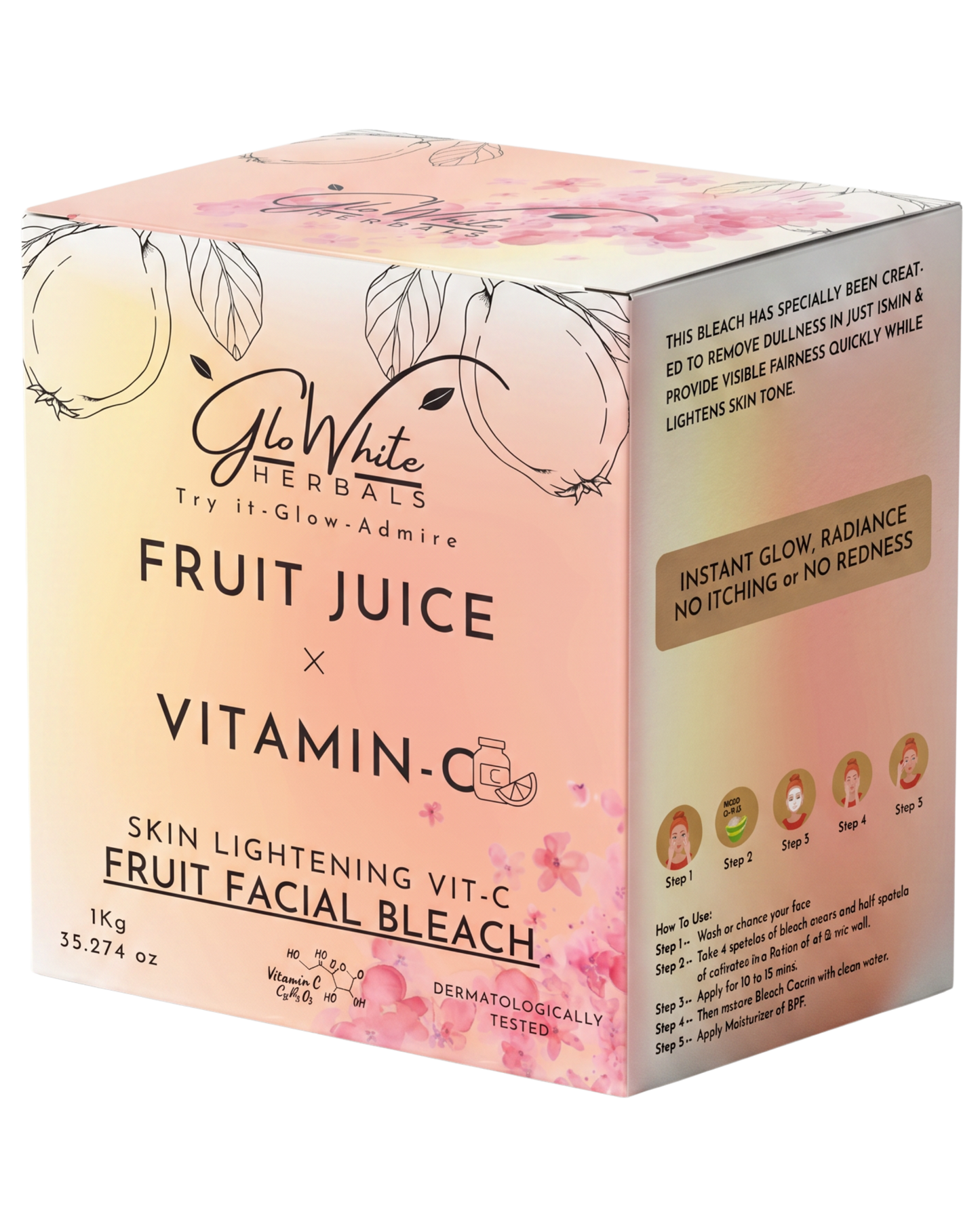 Vitamin-C Fruit Bleach 1kg box, GloWhite Herbals, with 5-step how-to-use guide