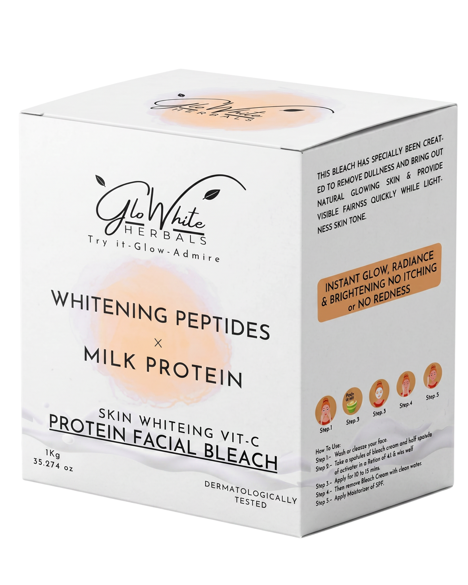 Whitening Peptides & Milk Protein Facial Bleach 1kg box, GloWhite Herbals, with how-to-use steps