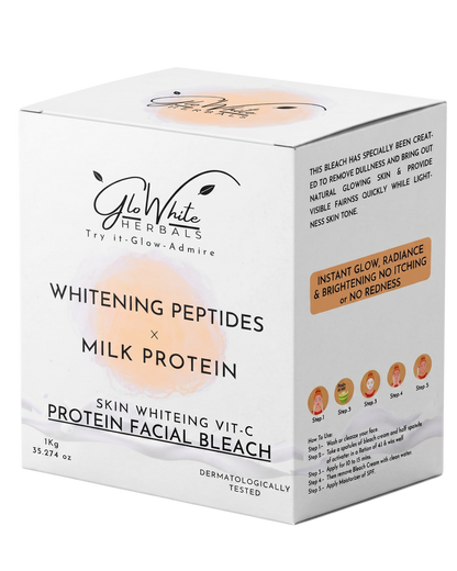 Whitening Peptides & Milk Protein Facial Bleach 1kg box, GloWhite Herbals, with how-to-use steps