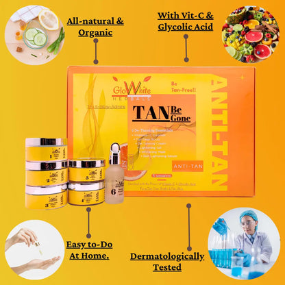 Anti Tan Facial Kit set with bottles beside TAN Be Gone box