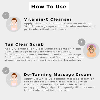 How to Use: Vitamin-C Cleanser and Tan Clear Scrub, De-Tanning Massage Cream