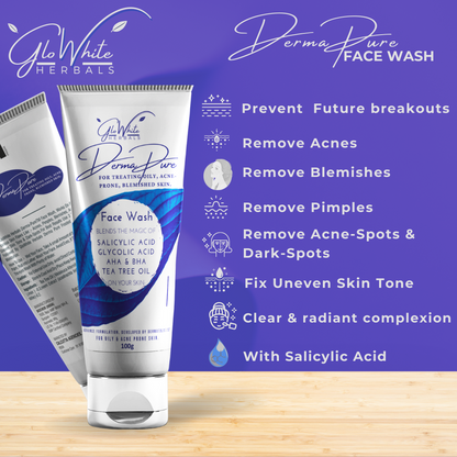 DermaPure salicylic acid face wash tube with acne-fighting benefit icons, 100 g