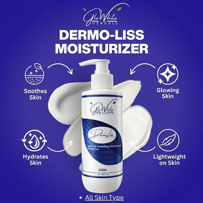 DermoLiss moisturizer pump bottle, white body with blue label badge