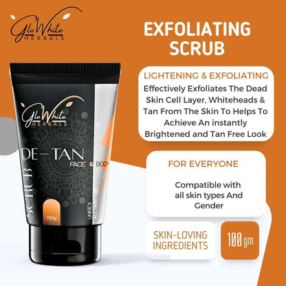 De-Tan face & body exfoliating scrub tubes, black with silver accents, 100g