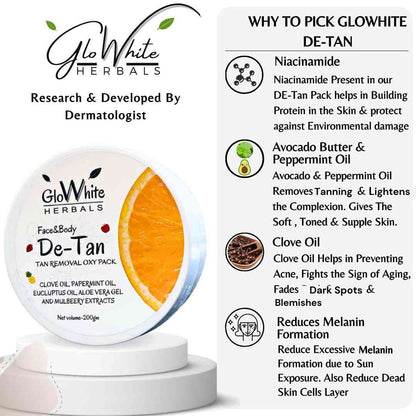 De-Tan Face&Body Oxy pack tub with ingredient icons and 200g label