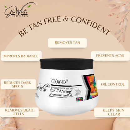 Detan Pack Glow-Fix Premium Face Pack, white jar with black lid