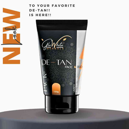 Detan pack 100g: De-Tan Face & Body Creme-Tube, schwarze Tube mit orangefarbenem Label