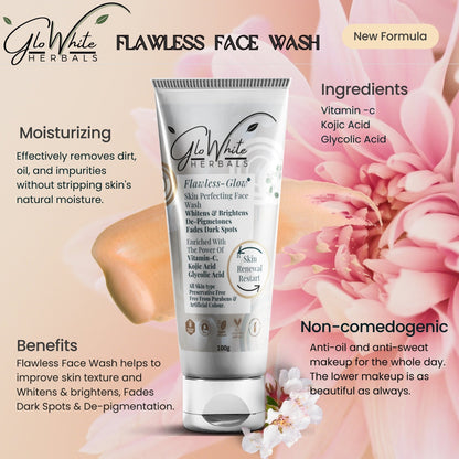Flawless Face Wash tube label with Vitamin C, Kojic & Glycolic acids, 100 g