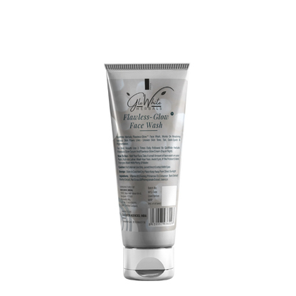Flawless-Glow face wash back label with ingredients and barcode, 100 g tube