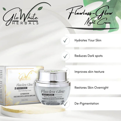 Flawless Glow night cream jar and box, icons: hydrate and reduce dark spots