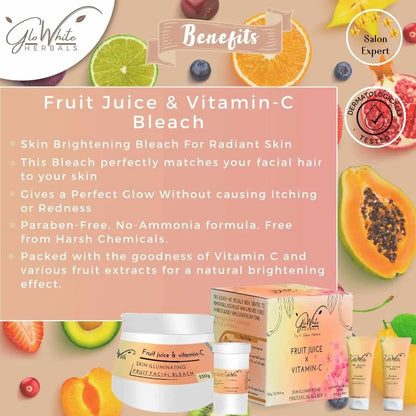 Fruit Juice & Vitamin-C Bleach label with benefits panel and dermatologically tested seal