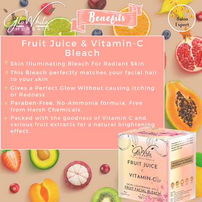 GloWhite fruit juice vitamin-C bleach box with benefits panel and fruit graphics