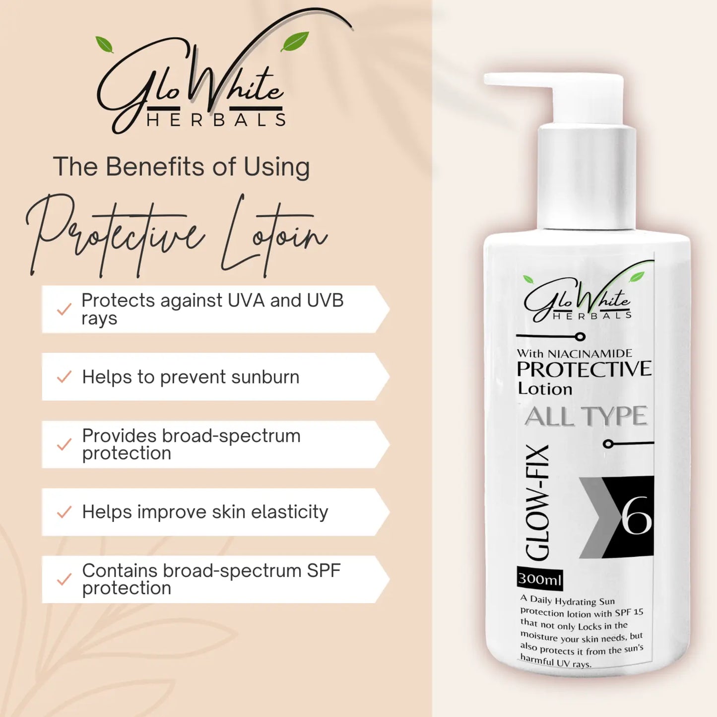 Glow-Fix Protective Lotion SPF 15 pump bottle, All Type, 300ml