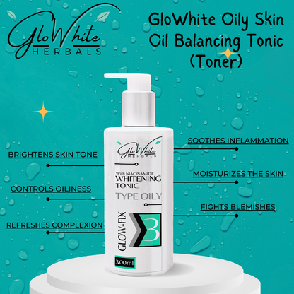 Glow-Fix Type Oily Whitening Tonic pump bottle, labeled niacinamide