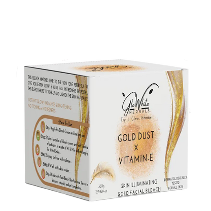 GloWhite Gold Dust Vitamin-E Facial Bleach box, skin illuminating gold dust & vitamin-E