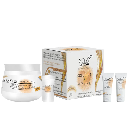 GloWhite Gold Dust Vitamin-E Bleach jar, tubes and bottles with box in view