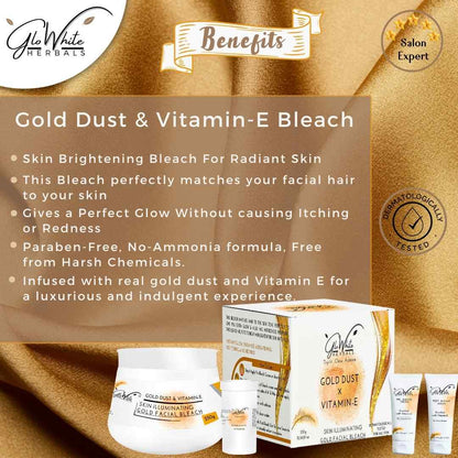 Gold Dust & Vitamin-E Bleach benefits panel with jar, bottle and cream tubes