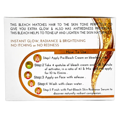 Gold Dust Vitamin-E Facial Bleach box back with how-to-use steps and no itching text