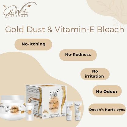 Gold Dust & Vitamin-E Bleach set: jar, cream tubes and bottles with no-itching labels