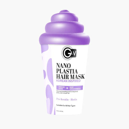 Nano Plastia Hair Mask bottle, purple cap; label shows Pro-Keratin + Biotin