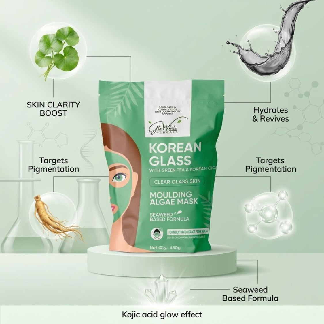 Korean glass molding algae mask pouch, seaweed-based formula, 450g