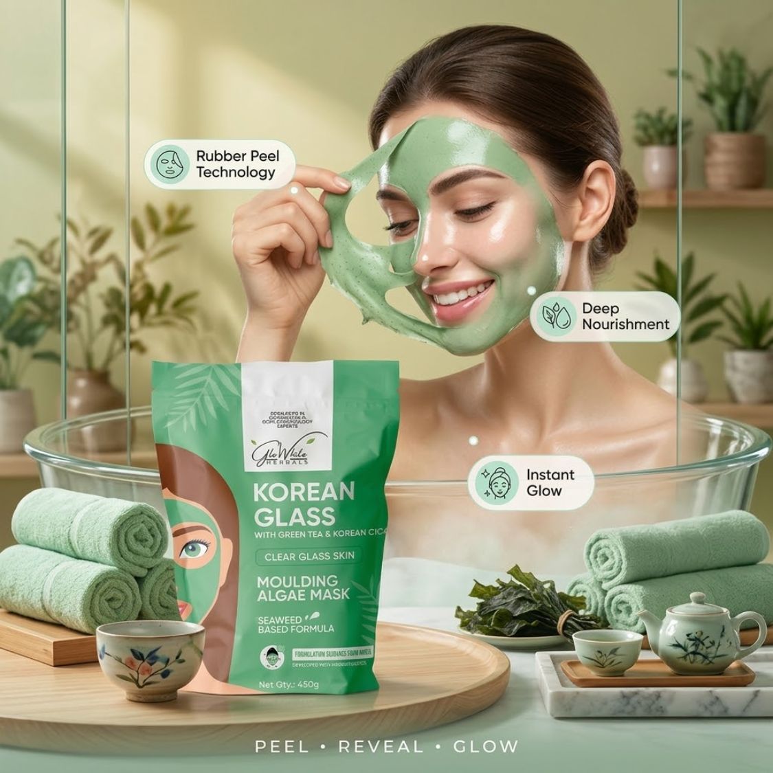 Woman holding and applying a green Korean glass algae rubber face mask