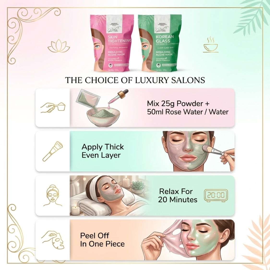 How-to guide for skin tightening algae mask: mix powder with rose water, apply, peel off