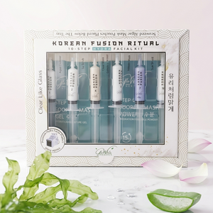 10-step Korean glass skin hydra facial kit box with rubber mask and clear serum bottles