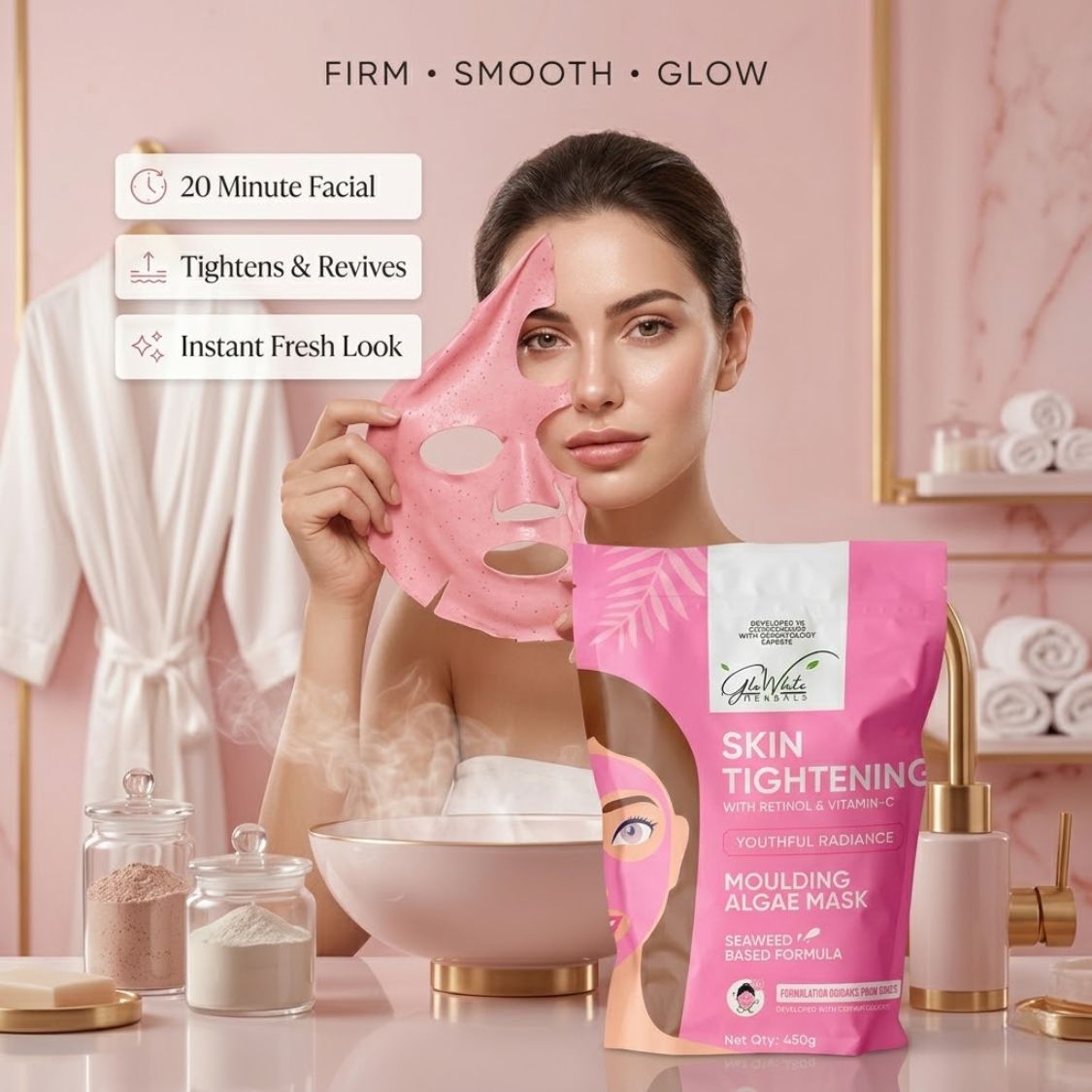 Pink algae face mask sheet with cutouts for skincare, retinol & vitamin C tightening treatment