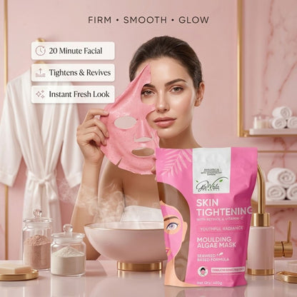 Pink algae face mask sheet with cutouts for skincare, retinol & vitamin C tightening treatment
