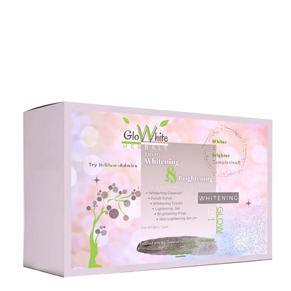 Luxury Whitening & Brightening Facial Kit box with product lineup and “Whitening” panel