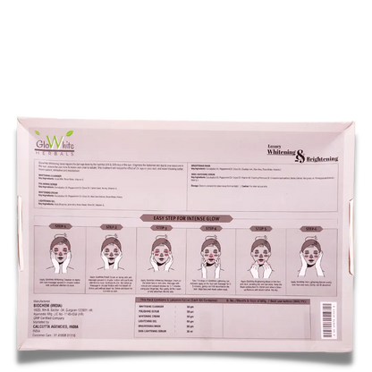 Back of Whitening & Brightening Facial Kit box with ingredient list and 6-step guide