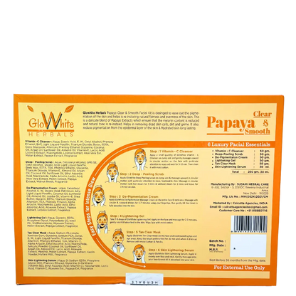 Papaya De-Pigmentation Facial Kit box back with steps and ingredients list