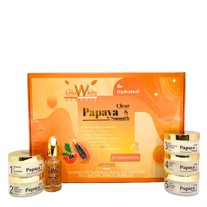 Papaya De-Pigmentation Facial Kit with papaya bottles and Clear & Smooth box