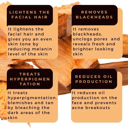 Facial bleach benefits graphic: lightens facial hair and removes blackheads