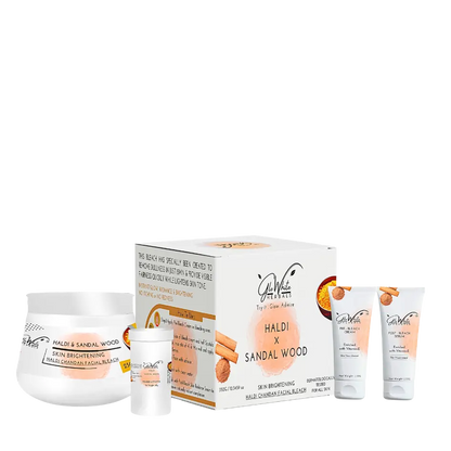 Haldi x Sandal Wood facial bleach lineup: cream jar, tubes, and boxed facial bleach