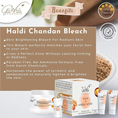 Haldi Chandan Bleach set with cream jar, bottles, and facial bleach packaging