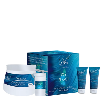 Oxy bleach facial bleach set: blue box, jar containers, and tubes