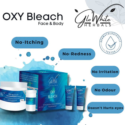 OXY Bleach face & body bleach packaging with dermatologist-tested badge