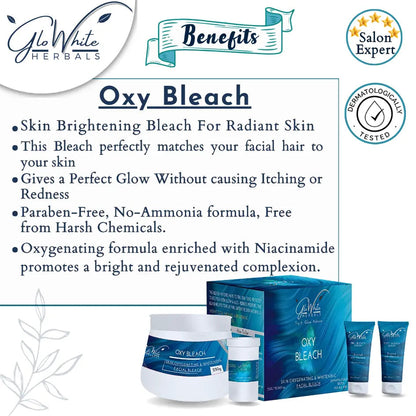 OXY Bleach skin-brightening bleach set: box, cream jar, and tubes