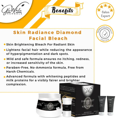 Skin Radiance Diamond Facial Bleach benefits graphic with dermatologically tested badge