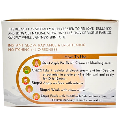 Back panel of Whitening Peptides & Milk Protein facial bleach box with usage steps