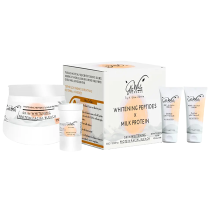 Whitening Peptides & Milk Protein facial bleach set: box, jar, and cream tubes