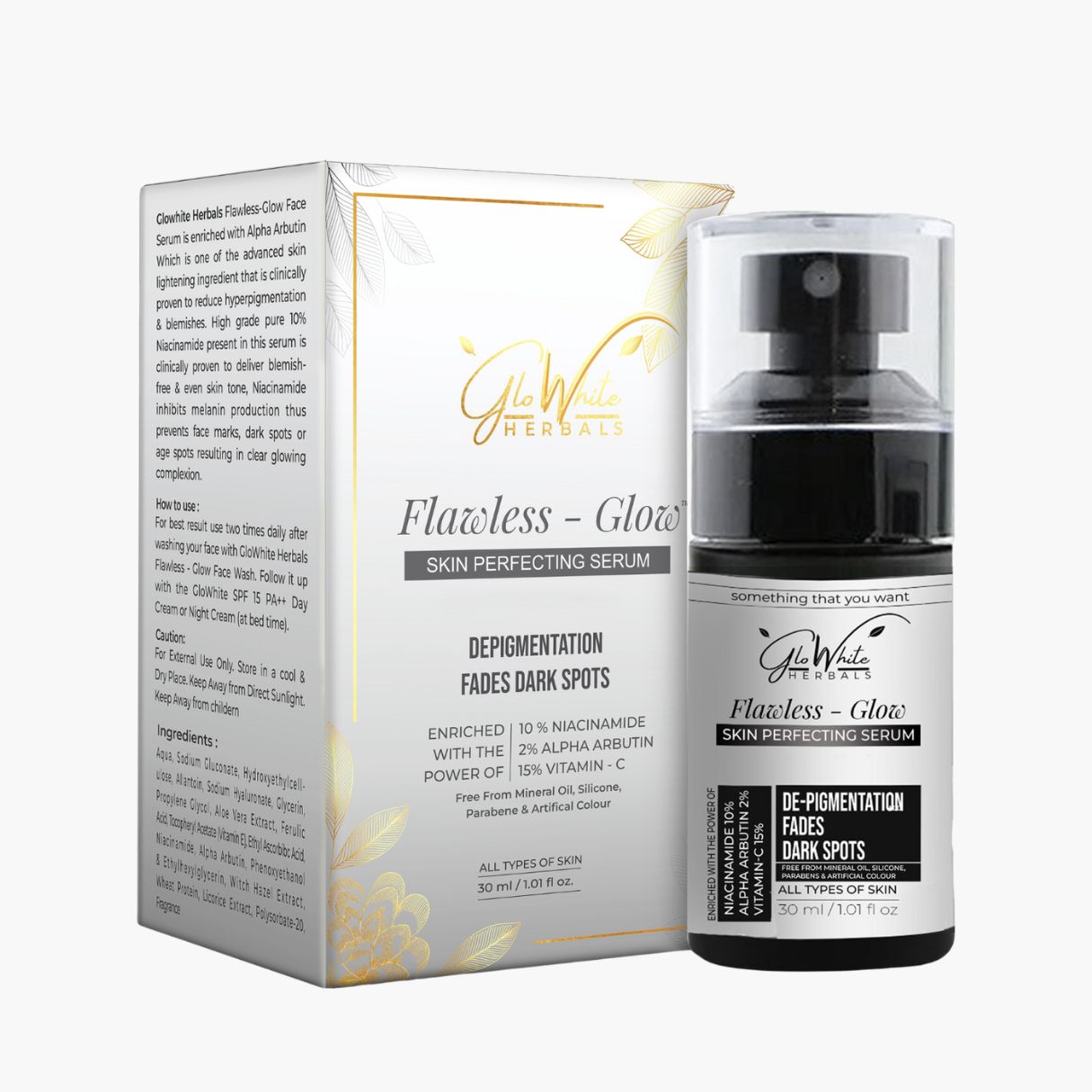 Flawless Glow Vitamin C face serum bottle and box, 15% vitamin C for dark spots