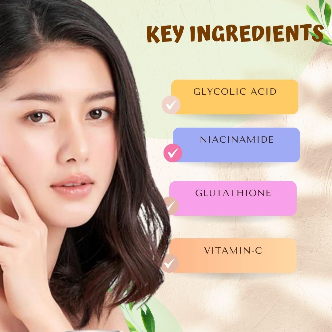Key ingredients graphic for Flawless Glow, including glycolic acid and niacinamide