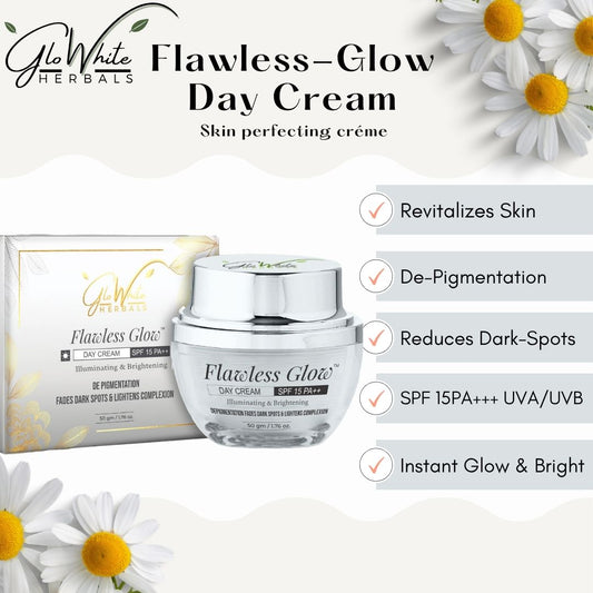 Flawless Glow day cream SPF 15 PA+++ jar with box and benefit list